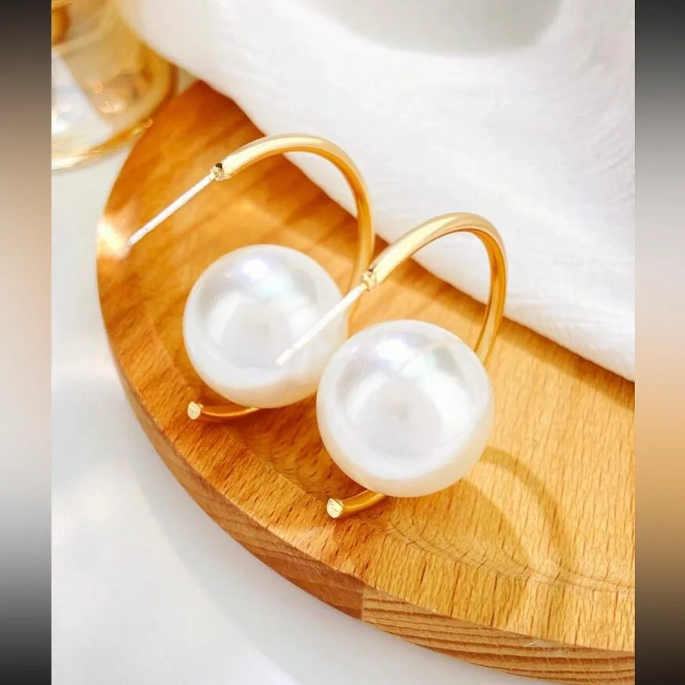 Gold and Faux Pearl Hoop Earrings